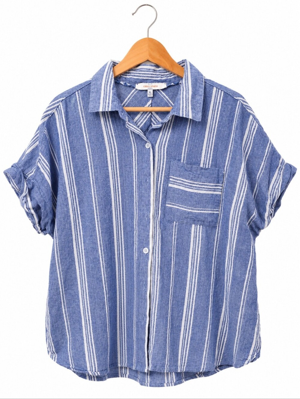 Casa Cabana Blue & White Striped 100% Cotton Button Front Short Sleeve Shirt XL